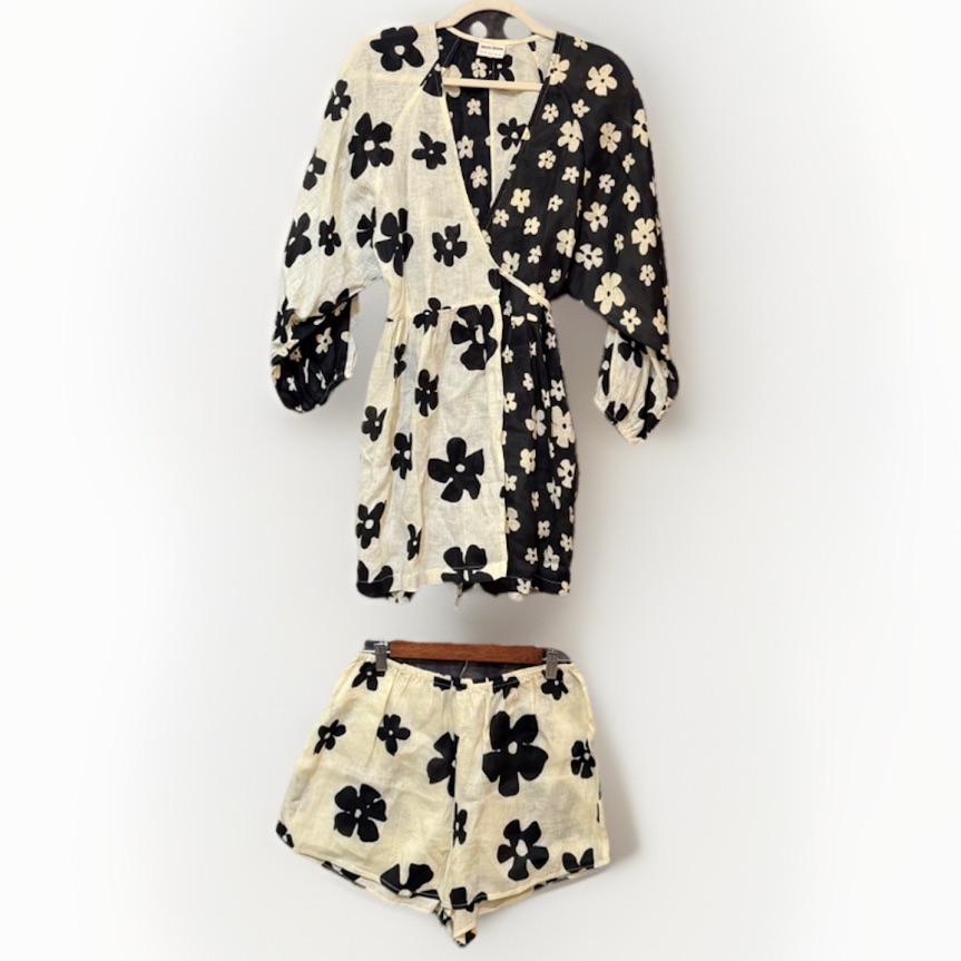 Zulu & Zephyr Linen Top Shorts Set Us 8 Au 12 Eu 40 Black White Floral